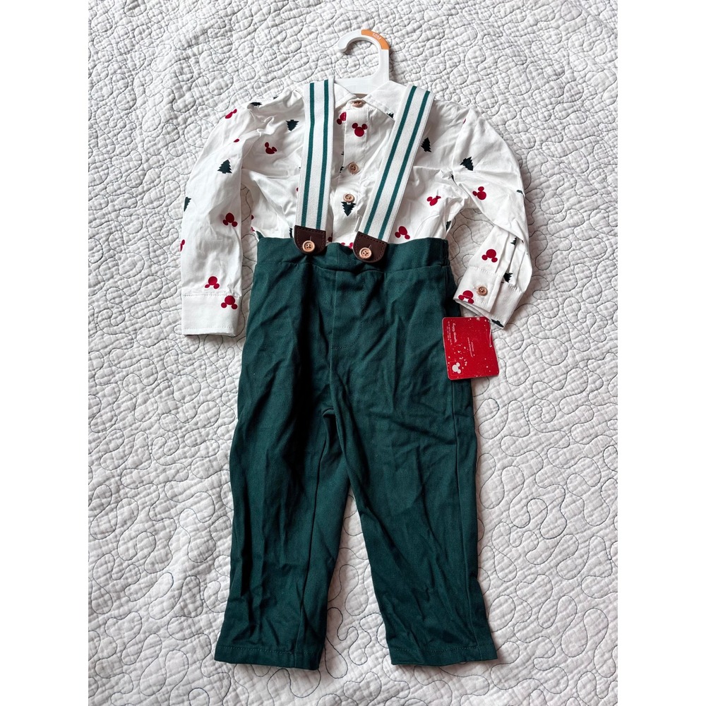 Disney Mickey Mouse Holiday Shirt Pants Suspenders Set 12 Mnoths Christmas